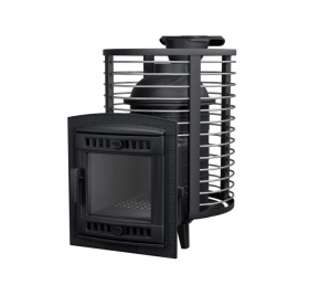 Печь-каменка чугунная АТМОСФЕРА М дверца со стеклом в сетке пруток NEW (8-14 м.куб)