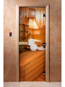 Дверь стеклянная ФОТОПЕЧАТЬ А032 700 х 1900 мм 3 петли,стекл 8 мм,кор ОЛЬХА,ручка-деревян,магнит DW-